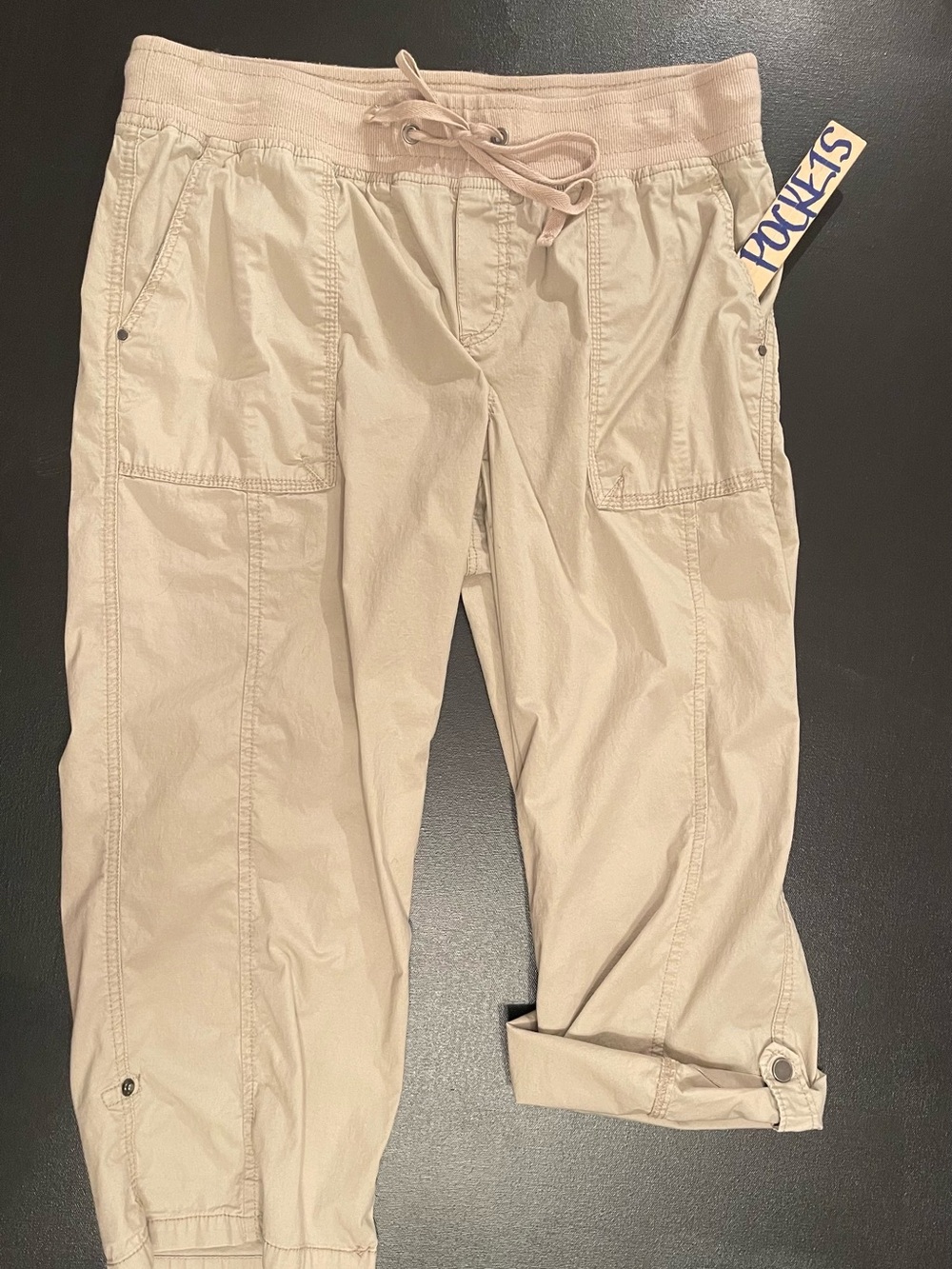 Khakis & Co Women's Beige Cropped Drawstring Cargo Pants